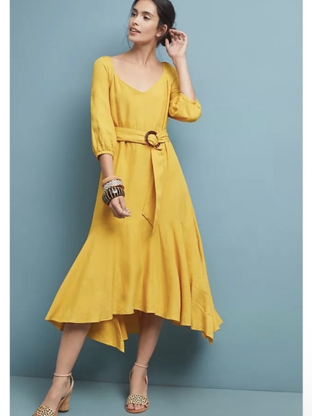 Anthropologie Artemis Mustard Yellow High-Low Belted Midi Dress 4 p NEW NWT!